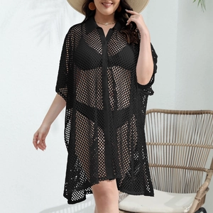 Detail of plus-size black mesh beach cover-up featuring button-down collar and grid texture
