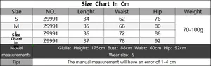 Detailed size chart for women color block mini skirt featuring waist and hip dimensions