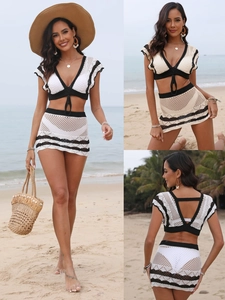 Haut Et Mini Jupe Au Crochet Pour Femmes Couleur Contrastée Col En V Cache-Maillot De Plage Ajouré