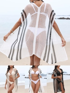 Women's Crochet Beach Cover-up Hollow Out Striped Knit Shirt For Bikini Swimwear Summer Vacation Tunic