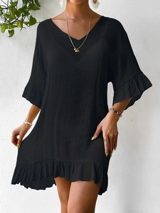 Robe de plage noire col en V pour femme avec manches à volants et tissu crépu texturé