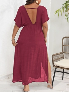 Deep red plus size maxi beach dress with deep V backless design and high side slits