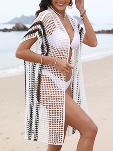 Women's crochet beach cover-up with black contrast stripes and hollow knit texture
