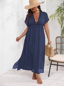 Women's deep V-neck maxi beach dress in dark blue with high waist and split design