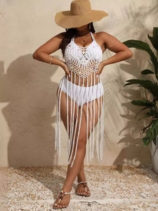 Robe de Plage Bohémienne en Crochet à Paillettes Dos Nu à Glands Sortie de Bain pour Vacances d'Été