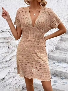 Women Deep V Neck Crochet Hollow Out Beach Dress Sexy Short Sleeve Elastic Waist Swimsuit Cover Up Summer Vacation Mini Dress
