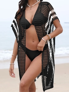 Women's crochet knit beach cover-up in black with white stripes and hollow-out design