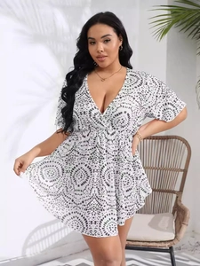 Plus size deep V-neck summer dress with geometric print and flattering high elastic waist