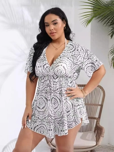 Plus size white deep V-neck beach cover-up dress with black tribal print for summer vacation