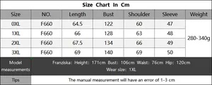 Detailed size chart for women's plus size color-block sweater from 0XL up to 3XL