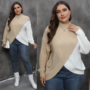 Detail of color-block wrap sweater featuring a mock neck and khaki-white patchwork design