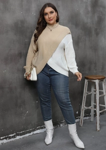 Close-up of color block patchwork high neck sweater with soft knit texture