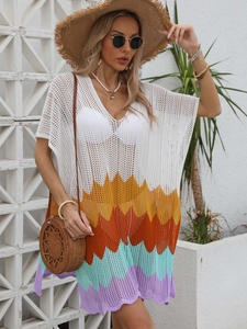 Damen Boho Häkel Strand Cover Up Kleid V Ausschnitt Zickzack Streifen Durchbrochen Gestrickt Sommer Badeanzug Strandbekleidung