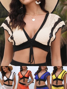 Donna Sexy Uncinetto Spiaggia Top E Pantaloni Scollo V Traforato Coulisse Anteriore Maglia Vacanza Copricostume Estate Outfit