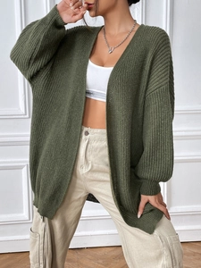 Gilet tricoté à manches longues vert foncé pour femme avec texture côtelée