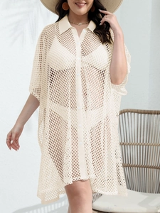 Beige hollow-out mesh beach cover-up dress with button-down collar and long sleeves