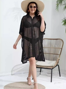 Women's plus size black mesh beach cover-up dress with collar and irregular hemline
