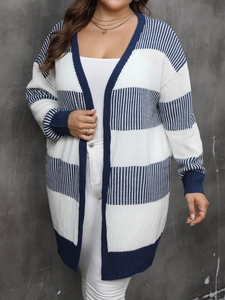Detail showing knit texture of navy and white striped cardigan for women sweater