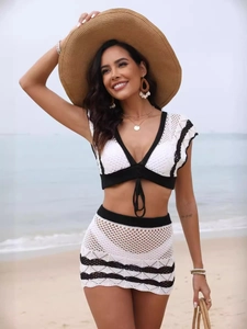 Women's two-piece crochet knit beach set with V-neck crop top and mini skirt