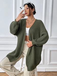 Femmes Cardigan en Maille Décontracté Couleur Unie Oversize Col en V Épaules Tombantes Manches Longues Mi-Longue Pull Streetwear