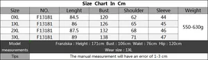 Size chart detail for women plus size striped cardigan with exact measurements from 0XL to 3XL