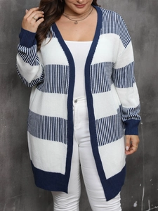 Women's plus size knit cardigan with classic navy blue and white horizontal stripes