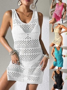 Gehäkeltes Strandkleid Damen Hohl Durchbrochen Ärmellos V Ausschnitt Seitenschlitz Mini Strickkleid Sommer Urlaub Überwurf