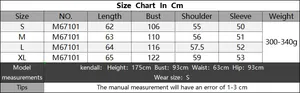 Detailed size chart in cm for V-neck colorblock sweater including bust and sleeve length