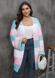Detailed texture of soft oversized striped cardigan sweater with plush knit material