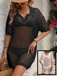 Cache-Maillot de Plage pour Femme Décontracté Crochet Ajouré Col Polo Manches Courtes Tricot en Maille Protection Solaire