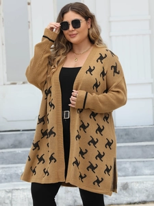 Cardigan in Maglia Taglie Forti da Donna con Jacquard Geometrico Maglione Aperto in Acrilico a Maniche Lunghe Casual Autunno Inverno