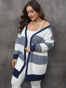 Women's casual long-sleeved knit cardigan with blue and white wide stripes pattern
