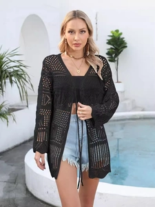 Black crochet beach cover-up with tie-front and long sleeves for summer vacations