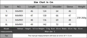 Detailed size chart for women's short sweater with S to XL measurements and weight info