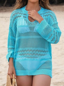 Cache-maillot de Plage en Crochet pour Femmes Col en V Manches Longues Maillot de Bain Vacances d'Été Top en Tricot Bohémien