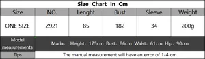 Detailed size chart for crochet tassel beach dress with measurements and model reference