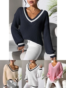 Women V Neck Knitted Sweater Contrast Stripe Long Sleeve Preppy Style Pullover Casual Loose Knit Jumper Top Autumn Winter