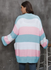 Detail view of the soft mohair-style striped knit texture on women's oversize cardigan