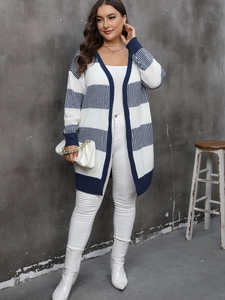 Women's plus size knit cardigan with blue and white stripes in a casual urban style