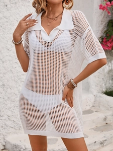 Robe de plage blanche au crochet pour femme avec col polo et texture maille ajourée