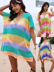 Sortie de Plage au Crochet à Rayures pour Femmes Coupe Ample Col en V Tricot Ajouré Kaftan Maillot de Bain Vacances Été