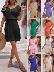 Women Crochet Knit Beach Cover Up Dress V Neck Hollow Out Drawstring Waist Solid Color Bikini Swimwear Coverup Summer Vacation