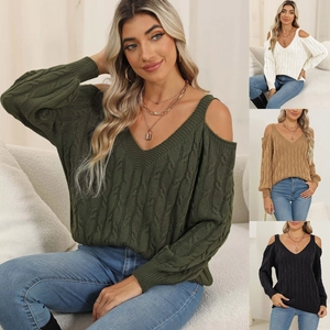 Detail of cable knit cold shoulder sweater with deep V-neck showing multiple color options