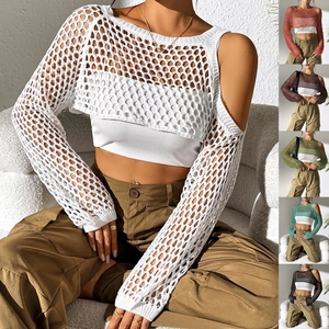 Detail view of women's long sleeve crochet hollow out crop top showing six color variants