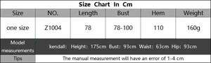 Size chart for the contrast patchwork dress with metal flowers and irregular hem details