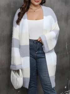 Texture detail of fuzzy striped plus size long cardigan sweater for women in grey and white