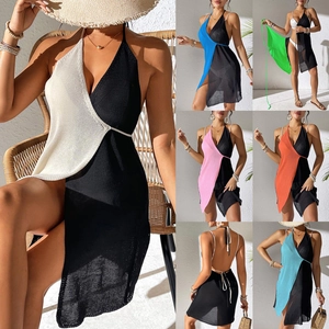 Detailed views of multi-color knit beach cover-ups with halter neck and side slits