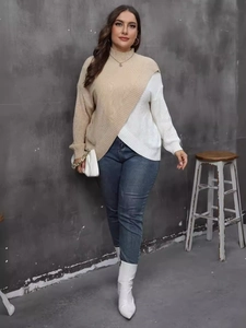 Women's plus size knit sweater featuring beige and white asymmetric color block design
