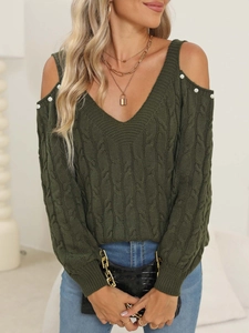 Dark green cable knit sweater with deep V-neck, cold shoulder cutouts and pearl accents