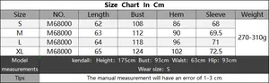 Detailed size chart for women turtleneck sweater showing length, bust, and sleeve measurements